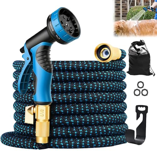 50FT Expandable Garden Hose, Flexible Water Hose with 10-Pattern Spray Nozzle, 3/4&1/2 Metal Connectors, 4-Layer Latex Core, Male Valve Connector, Kink-Free for Gardening Car Washing, 15M
