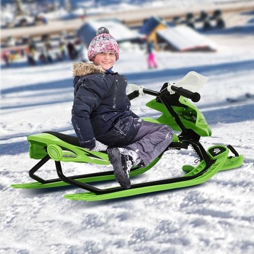 Lenkschlitten Verstellbarer PU-Sitz (3-Stufen) Schlitten Kinder Lenkbob mit Notbremsen & Federung & Zugseil Schneeschlitten Tragkraft 80kg Bobs für ab 3 Jahren