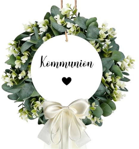 Türkranz Kommunion,Kommunion Dekoration,Konfirmation Kranz,Künstlicher Eukalyptus Kranz,mit Holzschild und weißer Schleife für die Festliche Dekoration zur Kommunions und Konfirmation,Ø 40 cm