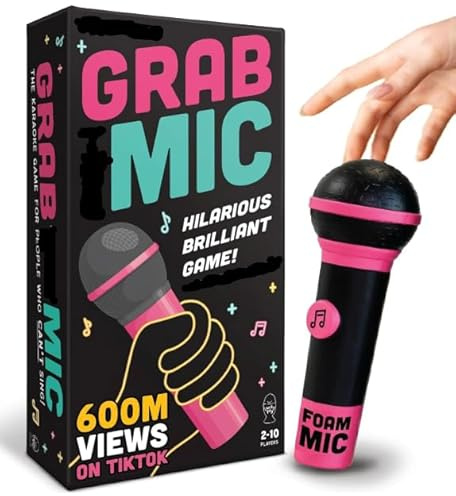 Meilleur cadeau officiel Grab the Mic – Jeu de karaoké familial, enfants de 8 ans et plus, 2 à 10 joueurs – Jeu de société pour mauvais chanteurs avec 250 paroles (125 cartes) pour nuits hilarantes et