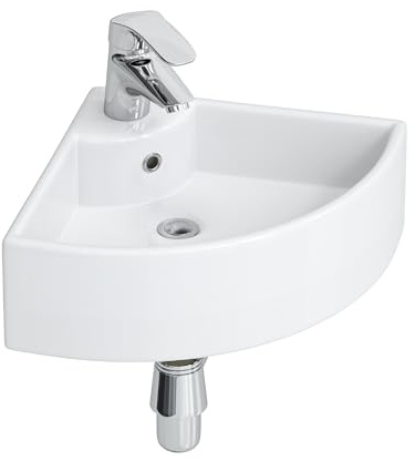 Lavabo angolare piccolo in ceramica, per WC e piccoli bagni | Mini lavello angolare moderno, design a bordo sottile, 460 x 330 mm, bianco, con foro per rubinetto e troppopieno
