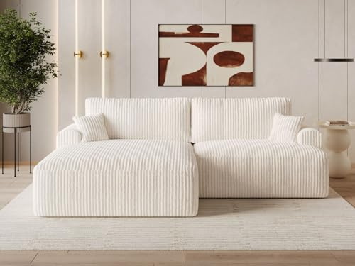 GRAINGOLD Serene L Ecksofa modern mit Bettfunktion, 259x145 cm, L-Form Sofa, Schlafcouch für Wohnzimmer, Cord-Stoff, 3-Sitzer Eckcouch, Ecksofa mit Bettkasten (Creme, Links)