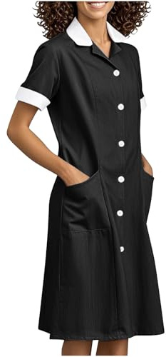 Robe D'Infirmière Femme Col en Revers Manche Courte Panneau à Carreaux Couleur Unie avec Deux Poches Uniforme de Travail Tenue Aide Soignante Professionnelle Vêtement Chic et Élégante Été Respirant