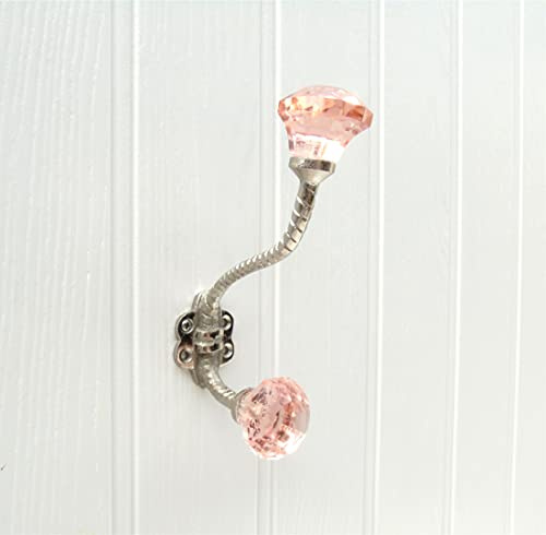 Brise de mer Shabby Chic Metal Wall Coat Rack Hooks - (Antique Rose Pink Glass Facet Hook)