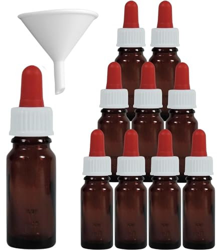 10 Pipettenflaschen/Apothekerflaschen in Braunglas 10 ml inkl. Pipetten (rot-weiß)
