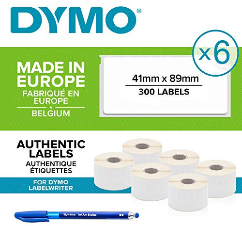 6 x Dymo S0722560 Original LabelWriter klein Namensschild Etiketten, 41 x 89 , 300/Rolle Schwarz Druck auf wei + Papermate Kugelschreiber Geschenk