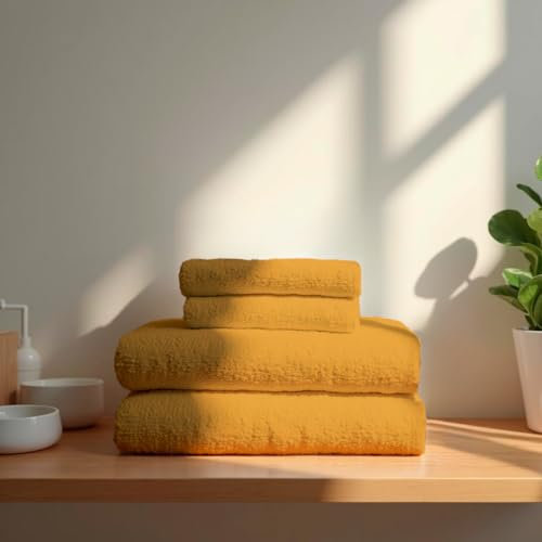 TRAMAS+ Premium 700 g, 100% Baumwolle, 4 Handtücher 50x100 cm und 2 Badetücher 70x140 cm, extra weich, schnelltrocknend und sehr saugfähig - Senfgelb