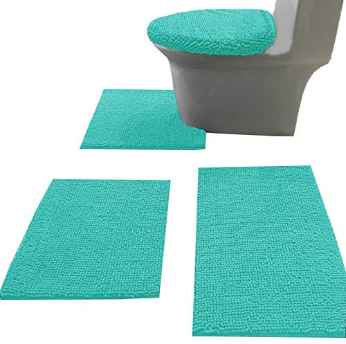 Madeals Chenille Badteppich-Set 4-teilig mit WC-Deckelbezug und Vorleger Set Combo, Soft Shaggy Badvorleger Set 3-teilig und U-förmiger WC-Bodenteppich Türkis