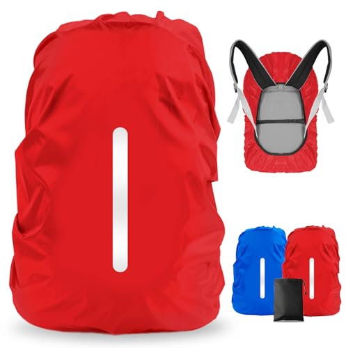 LAMA Rucksack Regenschutz wasserdichte 2 Stück Schulranzen Regenhülle mit Reflexstreifen 2 Verstellschnalle für Wandern Klettern Camping Radfahren Reisen Outdoor Aktivitäten S 18L-25L Dunkelblau Rot