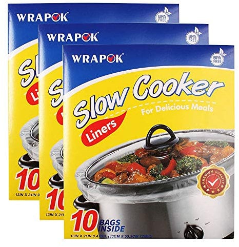 WRAPOK Slow Cooker Liners Kitchen Disposable Cooking Bags BPA Free for Oval or Round Pot, Large Size 13 x 21 Inch, Fits 3 to 8.5 Quarts - 3 Pack (30 Bags Total)