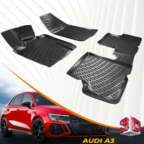Trimak Passgenau 3D Fussmatten Auto Kompatibel mit Audi A3 S3 RS3 8V 2013-2020 Auto Zubehör 1. und 2. Reihe Gummimatten Autos TPE Allwetter Geruchlos rutschfest Vorne & Hinten Schwarz