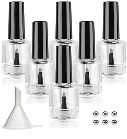 Agidea Leere Nagellackflaschen mit Bürstenkappe, 10 ml, leere Glas-Nagellackflaschen mit Rührwerkkugeln und Trichtern, 6 Stück