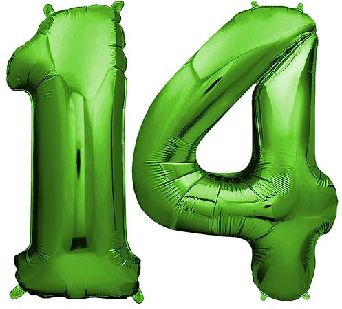 envami® Deko 14 Geburtstag Junge - Grün 101CM - Ballon Zahl Luftballon 14. Geburtstag - Zahlen Luftballon Geburtstagsdeko 14 Junge - Folienballon 14 Junge - 14 Jahre - Helium