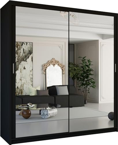 MN Furniture Modern Double Sliding Door Wardrobe 2 Mirrored Hanging Rails & Shelves Storage Cabinet for Bedroom (203cm, Houston Black)