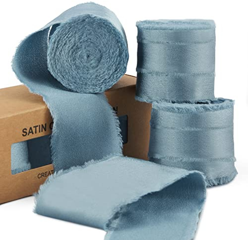 Keypan Dusty Blue Frayed Satin Chiffon Ribbon, 38mm x 19m | ribbons for Wedding Bouquets, Baby Showers, Invitations, Gift Wrapping, Winter Florals, Table Settings, and Crafts
