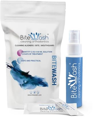 Kit de iniciación Bitewash. Desinfectante con acción desintegrante específica para mordazas, dispositivos de ortodoncia, alineadores, férulas deportivas, cepillos de dientes.