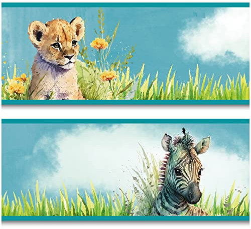Bordüre 15cm x 200cm für Kinderzimmer Babyzimmer Dekor Aufkleber Wandbordüre selbstklebend Wandtattoo für Kinder Mädchen Junge Y033 (Tiere Wasserfarben)