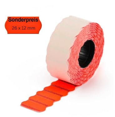 POKORNYS – 3.000 selbstklebende Etiketten Sonderpreis für Preisauszeichner (rot / 26x12mm) I permanent haftend I Preisetiketten für Handauszeichner mit Wellenrand 