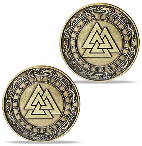 AtSKnSK Moneta vichinga norrena Mjolnir con martello di Thor, talismano mitologico nordico (moneta Valknut (nodo del guerriero ucciso))