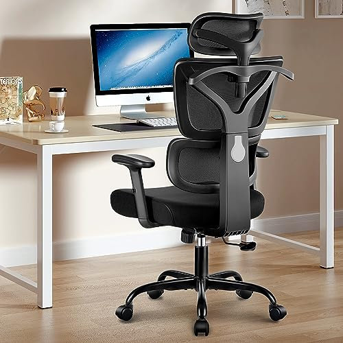 Winrise Sedia da ufficio ergonomica da scrivania, sedia da gaming con schienale alto, reclinabile, comoda, per casa e ufficio, supporto lombare, in rete traspirante, con braccioli regolabili (nero)
