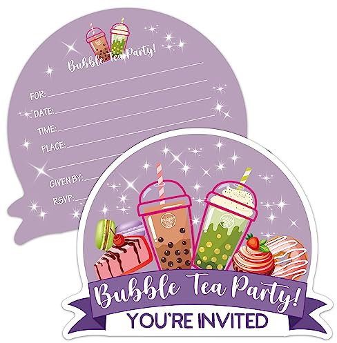 ERHACHAIJIA Einladungskarten mit Umschlägen in Form von Bubble Tea und Desserts, lustige lila Bubble Tea Party, Geburtstag, Boba-Tee-Party-Einladungen für Mädchen und Erwachsene, Bubble Tee-Liebhaber,