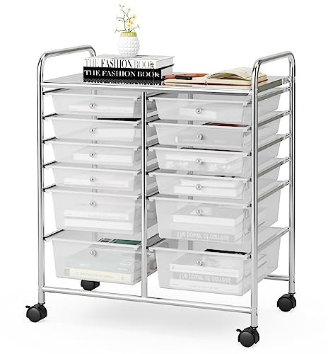 GIANTEX Carro de Almacenamiento con 12 Cajones Plásticos, Cajonera Móvil con 4 Ruedas, con Tablero y Asas, 64 x 38 x 75 cm, Carrito Auxiliar para Salón, Cocina, Baño, Oficina (Transparente)