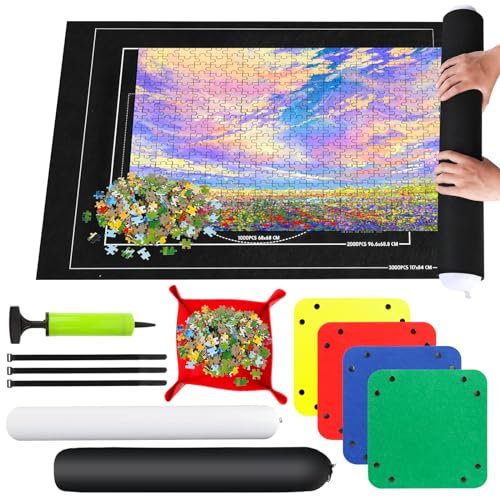 RISVOWO Puzzlematte, Puzzle Roll Storage Mat für Bis 1500 2000 3000 Puzzle, Tragbare Puzzle Rollenmatte mit Puzzle-Sortierschale, Puzzleunterlage für Puzzle Auf 80 * 120 cm Aufbewahrung(Schwarz)