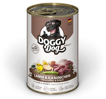 DOGGY Dog Paté Lamm & Kaninchen, 6 x 400 g, Nassfutter für Hunde, getreidefreies Hundefutter mit Lachsöl und Grünlippmuschel, Alleinfuttermittel mit Süßkartoffel und Erbsen, Made in Germany
