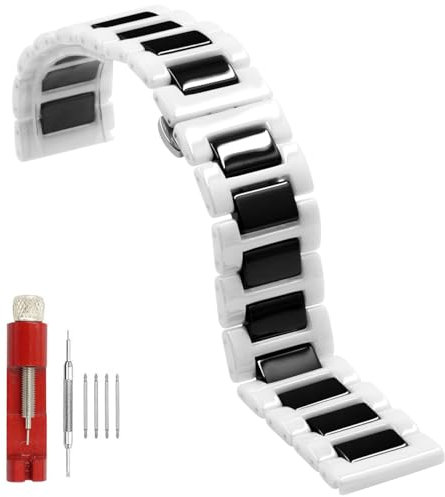 Juntan Keramik Uhrenarmband 20mm 22mm Schnellverschluss Uhrenarmbänder mit Faltschließe für Frauen Männer (20mm, Weiß+Schwarz)