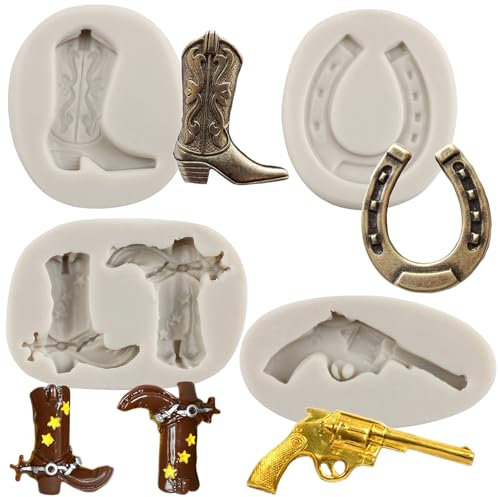 MYPRACS Horseshoe Silicone Mould Cowboy Boot Fondant Moulds Gun Handgun Candy Mould for Cake Decorating Cupcake Topper Polymer Clay Chocolate Gum Paste Set of 4