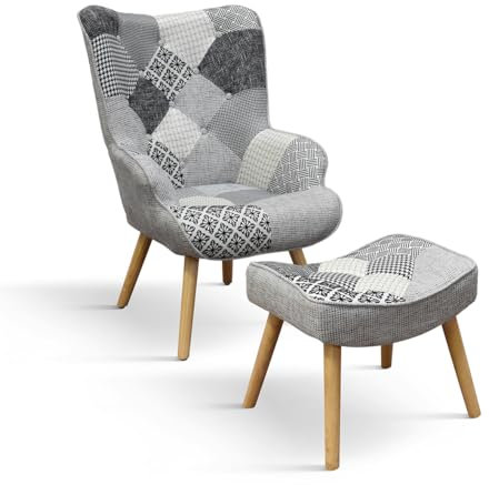 PAZZO DESIGN Poltrona Ludovica, Set Da 1, Multicolore, Poltrona Tessuto, Poltrona Relax, Poltrona Lettura, Poltrona Comoda, Gambe Legno, Con Poggiapiedi - id_2029