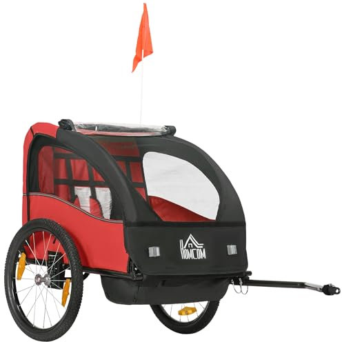 HOMCOM Remolque de Bicicleta para Niños +18 Meses Cochecito para Transporte de 2 Plazas con Cinturón de Seguridad Espacio de Almacenamiento y Sistema de Amortiguador 140x88x90 cm Rojo