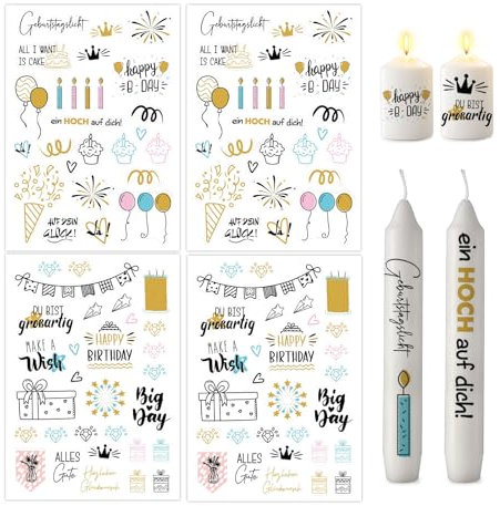 ALLAVA 4 Stück Kerzen Tattoo A5, Kerzentattoos Geburtstag, Wasserschiebefolie Kerzen, Kerzensticker Kerzenfolie Happy Birthday für Kerze Tasse DIY Geschenk, Kerzen Dekorieren, Kerzensprüche (D)