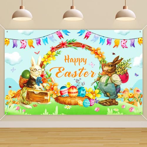 AWCIGG Ostern Deko Banner, Große Happy Easter Partybanner, Hasen Ostereier Hintergrund Hängende Dekoration, Frohe Ostern Party Dekoration Foto Studio Requisiten, 180 x 110 cm