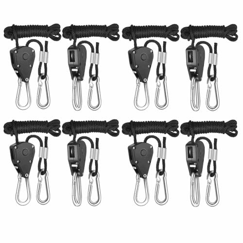 8stk, Heavy Duty 1/8 Rope Pulley Ratchet Hangers, einstellbare verstärkte Metall-Zahnräder, 5.5-ft lang, 150lbs Gewichtskapazität für wachsen Lichter