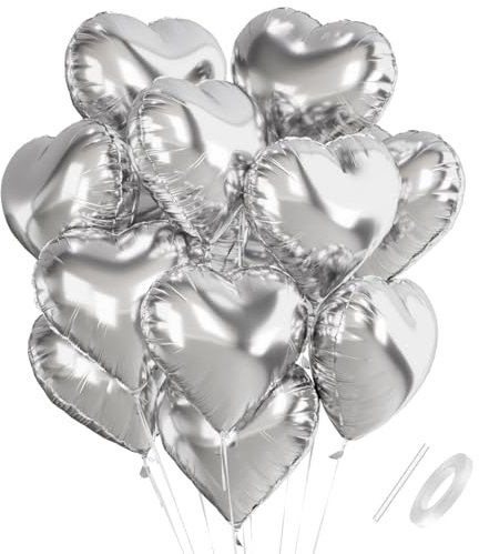 Herz Folienballons, 18 Zoll Herzluftballons Silber, Herz Luftballon Helium, Herzballons Silber Herzform Folienluftballon, Herzluftballons Hochzeit Valentinstag Babypartys Geburtstagsdeko