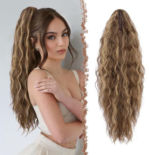 FESHFEN Pferdeschwanz mit Klammer, Lange Wellig Lockig Haarextension Synthetik Zopf Haarverlängerung Claw Clip in Haarteil Ponytail für Damen 65cm Honigblond gemischt Hellbraun