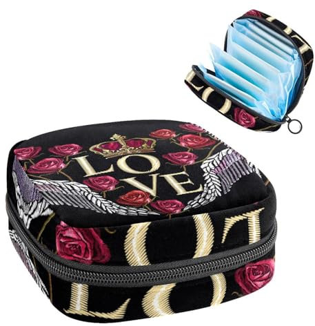 Borsa per assorbenti igienici, borsa per coppette mestruali, organizer per assorbenti mestruali, organizer per donne e ragazze, con ali d'amore, corona e rosa
