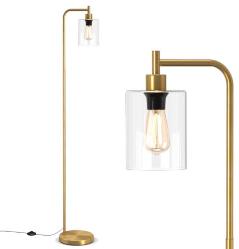 COSTWAY Industrial Floor Lamp, 1/3-Light Glass Lampshade Standing Lamps with Foot Switch, Tall Tree Floor Lighting for Living Dining Room Bedroom Office, Bulbs Not Included (1 Light, Gold)