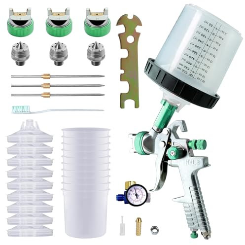 Paint Sprayer with Paint Mixing Quick Cup, HVLP Spray Paint Gun Kit Contain 1.4 1.7 2.0 MM Nozzles 10 Disposable 600ML Cups for Car Furniture Fence Painting (Green)