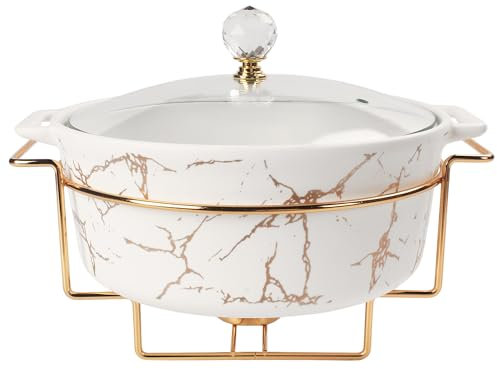 jinsongdafa Französisches Terrine-Set aus Porzellan mit Glasdeckel und -rost, 2500 ml Catering-Auflaufform, Chafing Dish für Buffets, Auflaufform zum Aufbewahren von Lebensmitteln