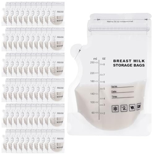 GSrenyu 60 Pcs 250ml Breast Milk Storage Bags with Scale and Zipper Seal,Milk Storage Bags for Breastfeeding Fridge or Freezer Use