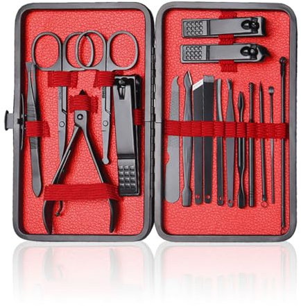Professional Nail Clippers Kit 18 Pcs Stainless Steel Nail Manicure Clippers Set Men Women Nail Scissors Nail Grooming Kit with Protective Cover for Travel & Home(Black+Red)