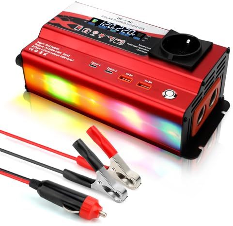 WODHMIEY 1000W Kfz Wechselrichter 12V/24V auf 230V – Auto Spannungswandler mit 1 Steckdose, 2 USB, Type-C & Zigarettenanzünder, LCD-Display, Ambientebeleuchtung – für Camping, Reisen, Wohnmobil & LKW
