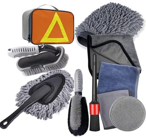 10-teiliges Autowaschbürsten-Set – T-förmige Reifenbürste mit gebogenem Griff, Stahlfelgenreiniger, doppelsträngige Räder und Fußmatten, Reinigungswerkzeuge für Auto-Detaillierung (robust und