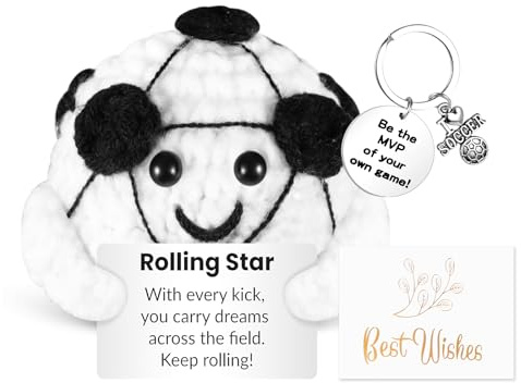 Vspek Pocket Hug Positive Fußball,Kreative Strickwolle Lustiger Puppe mit Positiver Energiekarte Schlüsselanhänger Grußkarte Mutmacher Geschenke für Jungen Mädchen Raumdekoration Häkel-Sammlerstücke