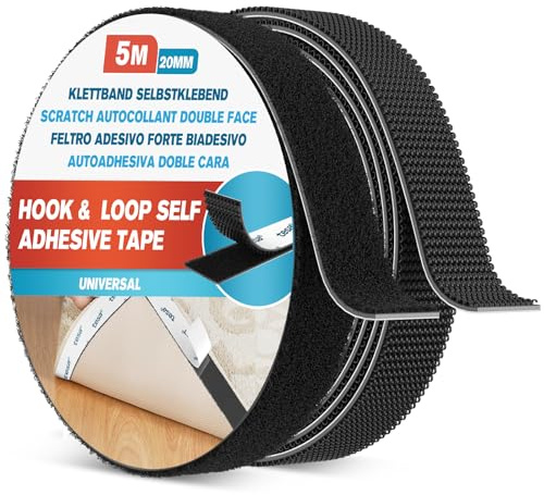 EMITEVER Feltro Adesivo Forte Biadesivo, Hook & Loop Autoadesivo, Riutilizzabile Strappo Nastro Biadesivo per Tessuti, Moquette, Fai da te, Uso Domestico e Ufficio (Nero, 5mX20mm)