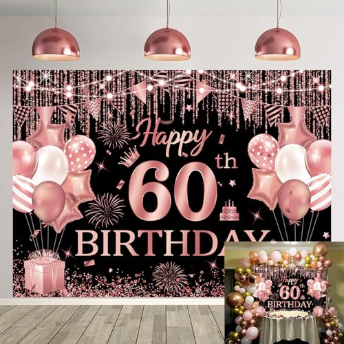 Toile de fond « Happy 60th Birthday » – Toile de fond à paillettes noires et or rose pour photographie d'anniversaire pour femme – Fournitures de décoration de fête – 1,8 x 1,2 m