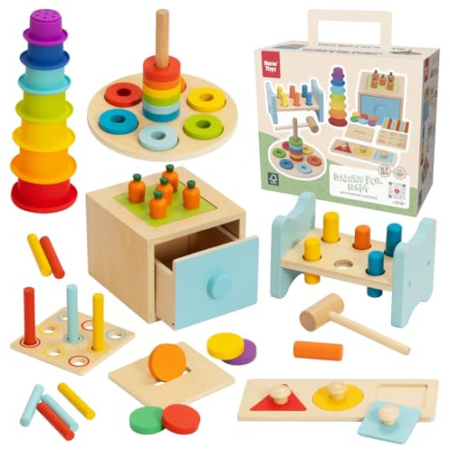 Nene Toys Montessori Baby Leksaker från 1 år – Utvecklingsset för 12–24 månader med 3-i-1 aktivitetslåda, stapelkoppar, hammarbänk, formpussel & ringstapel – Motorikleksak i FSC-trä