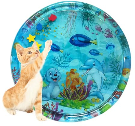 Herjiore ∅100 Wassermatte Katzen, Sensorische Wasser Spielmatte für Katzen, Verdickte 50 Seide rutschfeste Katzenspielzeugmatte für Haustiere, dauerhaftes interaktives Haustierbett Spielzeug.